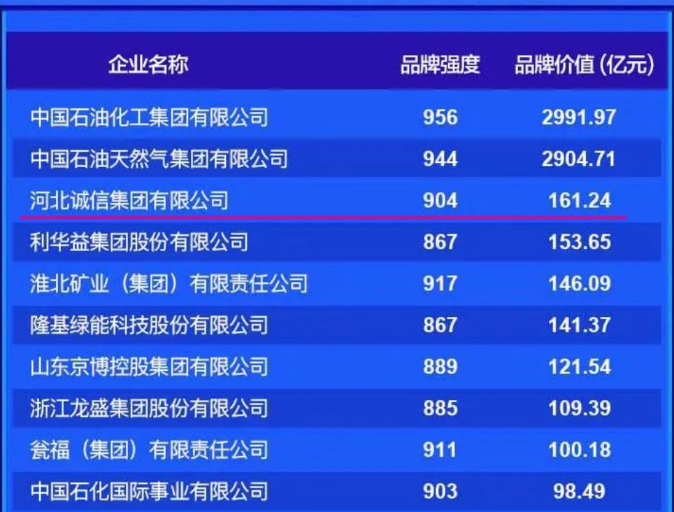 公司位列中国能源化工行业品牌价值排行榜第三名